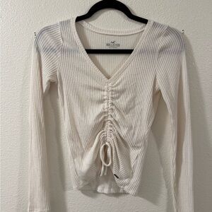 Hollister Cream Ribbed Ruched Drawstring Y2K Long Sleeve Top